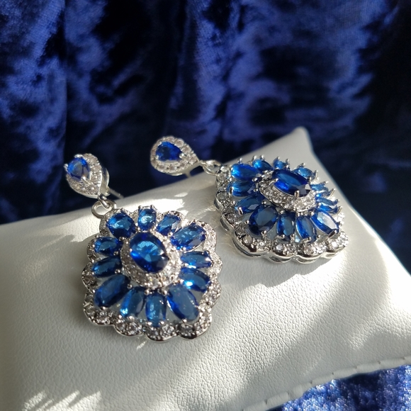 Swarovski Elements Blue Sapphire 925 Sterling Silver Statement Earrings NEW - Picture 5 of 9